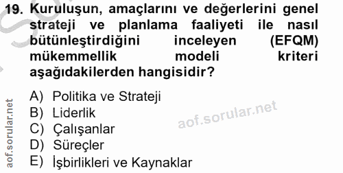 19. soru: Kuruluşun, amaçlarını ve değerlerini genel strateji ve planlama faaliyeti ile nasıl bütünleştirdiğini inceleyen (EFQM…