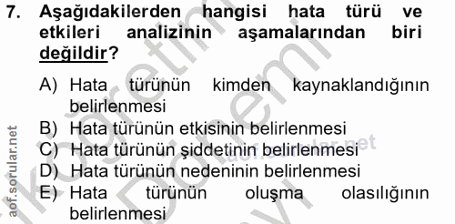 7. soru: Aşağıdakilerden hangisi hata türü ve etkileri analizinin aşamalarından biri değildir? A) Hata türunün kimden kaynakla…