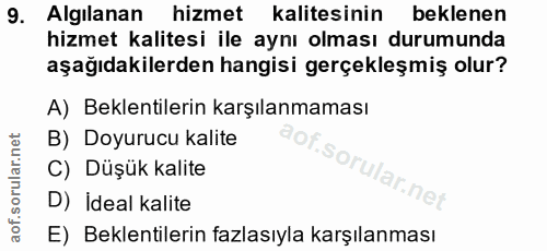 9. soru: Algılanan hizmet kalitesinin beklenen hizmet kalitesi ile aynı olması durumunda aşağıdakilerden hangisi gerçekleşmiş…