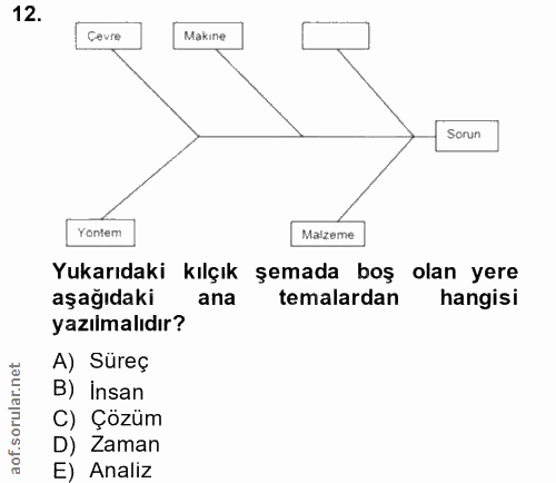 12. soru: Cevre Makine Sorun Yontem Malzeme Yukarıdaki kılçık şemada boş olan yere aşağıdaki ana temalardan hangisi yazılmalıdı…