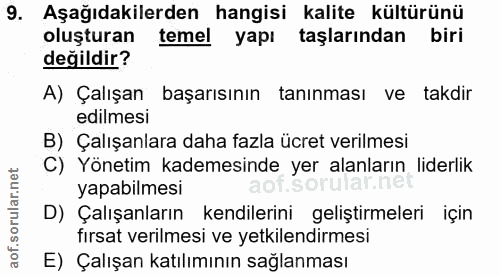 9. soru: Aşağıdakilerden hangisi kalite kültürünü oluşturan temel yapı taşlarından biri değildir? A) Çalışan başarısının tanın…