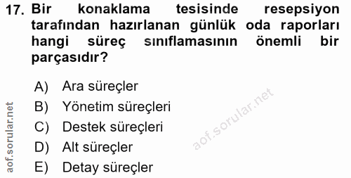 17. soru: Bir konaklama tesisinde resepsiyon tarafından hazırlanan günlük oda raporları hangi süreç sinıflamasının önemli bir p…