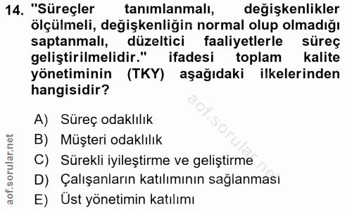 14. soru: "Süreçler tanimlanmali, değişkenlikler ölçülmeli, değişkenliğin normal olup olmadığı saptanmalı, düzeltici faaliyetle…