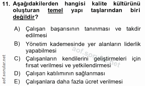 11. soru: Aşağıdakilerden hangisi kalite kültürünü oluşturan temel yapı taşlarından biri değildir? A) Çalışan başarısının tanın…