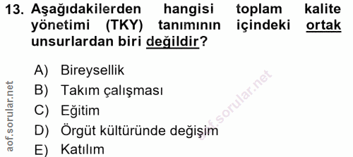 13. soru: Aşağıdakilerden hangisi toplam kalite yönetimi (TKY) tanımının içindeki ortak unsurlardan biri değildir? A) Bireysell…