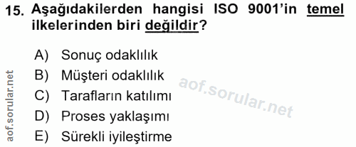 15. soru: Aşağıdakilerden hangisi ISO 9001'in temel ilkelerinden biri değildir? A) Sonuç odaklılık B) Müşteri odaklılık C) Tara…