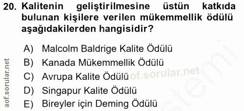 20. soru: Kalitenin geliştirilmesine üstün katkıda bulunan kişilere verilen mükemmellik ödülü aşağıdakilerden hangisidir? A) Ma…