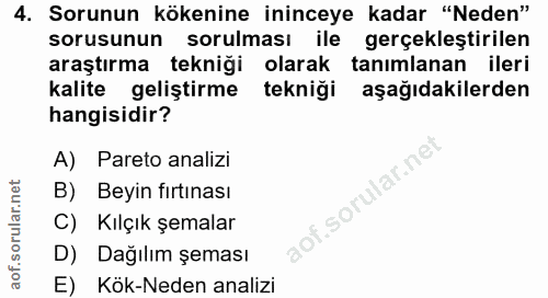4. soru: Sorunun kökenine ininceye kadar "Neden" sorusunun sorulması ile gerçekleştirilen araştırma tekniği olarak tanımlanan…
