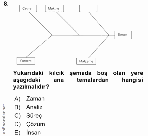 8. soru: Cevre Makme Sorun Yontem Malzeme Yukarıdaki kılçık şemada boş olan yere aşağıdaki ana temalardan hangisi yazılmalıdır…