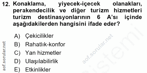 12. soru: Konaklama, yiyecek-içecek olanakları, perakendecilik ve diğer turizm hizmetleri turizm destinasyonlarının 6 A'sı için…