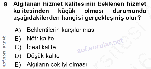 9. soru: Algılanan hizmet kalitesinin beklenen hizmet kalitesinden küçük olması durumunda aşağıdakilerden hangisi gerçekleşmiş…