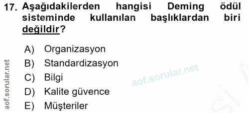 17. soru: Aşağıdakilerden hangisi Deming ödul sisteminde kullanılan başlıklardan biri değildir? A) Organizasyon B) Standardizas…