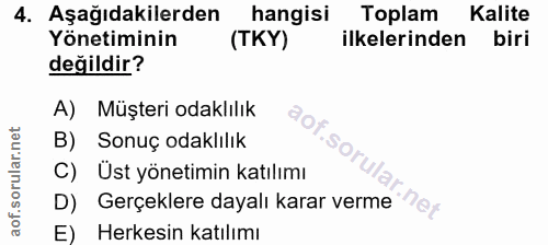 4. soru: Aşağıdakilerden hangisi Toplam Kalite Yönetiminin (TKY) ilkelerinden biri değildir? A) Müşteri odaklılık B) Sonuç oda…