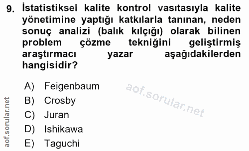 9. soru: Istatistiksel kalite kontrol vasıtasıyla kalite yönetimine yaptığı katkılarla tanınan, neden sonuç analizi (balık kıl…