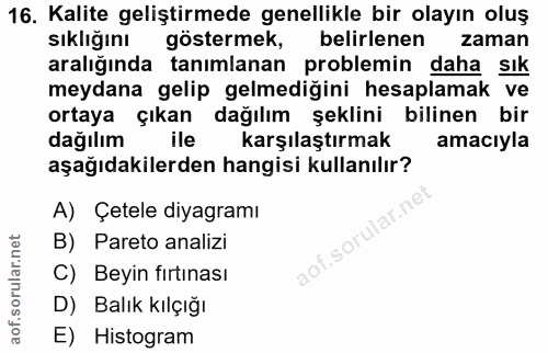 16. soru: Kalite geliştirmede genellikle bir olayın oluş sıklığını göstermek, belirlenen zaman aralığında tanımlanan problemin…