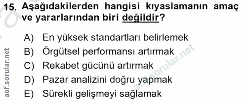 15. soru: Aşağıdakilerden hangisi kıyaslamanın amaç ve yararlarından biri değildir? A) En yüksek standartları belirlemek B) Örg…