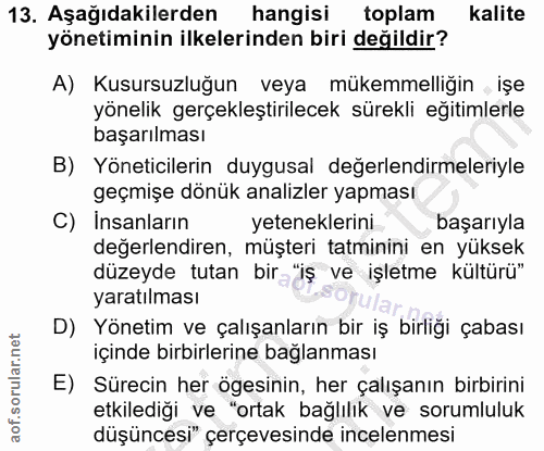 13. soru: Aşağıdakilerden hangisi toplam kalite yönetiminin ilkelerinden biri değildir? A) Kusursuzluğun veya mükemmelliğin , i…