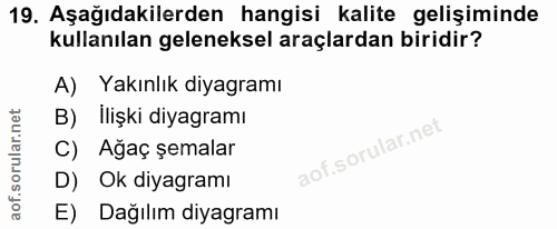 19. soru: Aşağıdakilerden hangisi kalite gelişiminde kullanılan geleneksel araçlardan biridir? A) Yakınlık diyagramı B) İlişki…