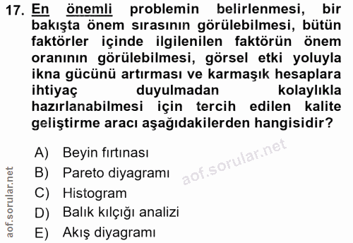 17. soru: En önemli problemin belirlenmesi, bir bakışta önem sırasının görülebilmesi, bütün faktörler içinde ilgilenilen faktör…