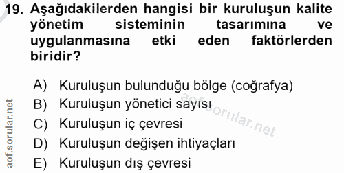 19. soru: Aşağıdakilerden hangisi bir kuruluşun kalite yönetim sisteminin tasarımına ve uygulanmasına etki eden faktörlerden bi…