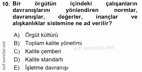 10. soru: Bir örgütün içindeki çalışanların davranışlarını yönlendiren normlar, davranışlar, degerler, inançlar ve alışkanlıkla…