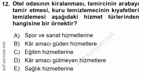 12. soru: Otel odasının kiralanması, tamircinin arabayı tamir etmesi, kuru temizlemecinin kıyafetleri temizlemesi aşağıdaki hiz…