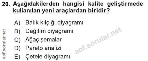 20. soru: Aşağıdakilerden hangisi kalite geliştirmede kullanılan yeni araçlardan biridir? A) Balık kılçığı diyagramı B) Dağılım…