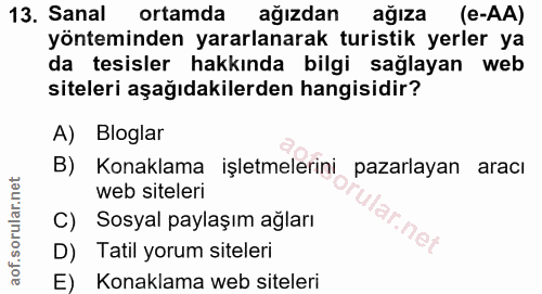 13. soru: Sanal ortamda ağızdan ağıza (e-AA) yönteminden yararlanarak turistik yerler ya da tesisler hakkında bilgi sağlayan we…