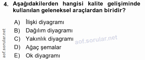 4. soru: Aşağıdakilerden hangisi kalite gelişiminde kullanılan geleneksel araçlardan biridir? A) İlişki diyagramı B) Dağılım d…