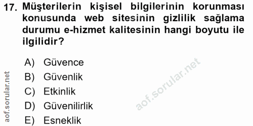 17. soru: Müşterilerin kişisel bilgilerinin korunması konusunda web sitesinin gizlilik sağlama durumu e-hizmet kalitesinin hang…