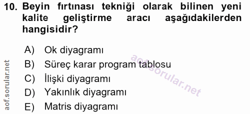 10. soru: Beyin fırtınası tekniği olarak bilinen yeni kalite geliştirme aracı aşağıdakilerden hangisidir? A) Ok diyagramı B) Sü…