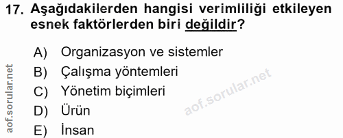 17. soru: Aşağıdakilerden hangisi verimliliği etkileyen esnek faktörlerden biri değildir? A) Organizasyon ve sistemler B) Çalış…