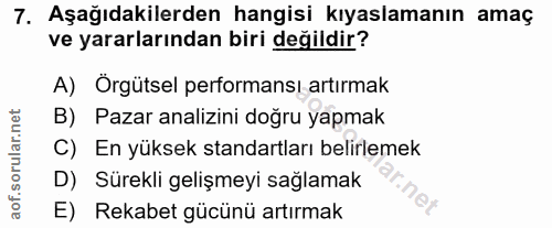 7. soru: Aşağıdakilerden hangisi kıyaslamanın amaç ve yararlarından biri değildir? A) Örgütsel performansı artırmak B) Pazar a…