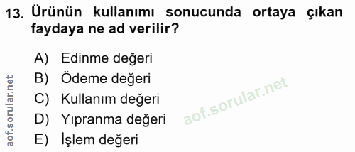13. soru: Ürünün kullanımı sonucunda ortaya çıkan faydaya ne ad verilir? A) Edinme değeri B) Ödeme değeri C) Kullanım değeri D)…