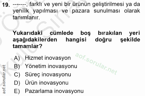 19. soru: --, farklı ve yeni bir ürünün geliştirilmesi ya da yenilik yapılması ve pazara sunulması olarak tanimlanır. Yukarıdak…