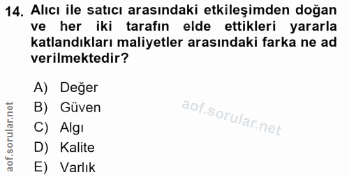 14. soru: Alıcı ile satıcı arasındaki etkileşimden doğan ve her iki tarafın elde ettikleri yararla katlandıkları maliyetler ara…