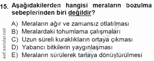 15. soru: Aşağıdakilerden hangisi meraların bozulma sebeplerinden biri değildir? A) Meraların ağır ve zamansız otlatılması B) M…
