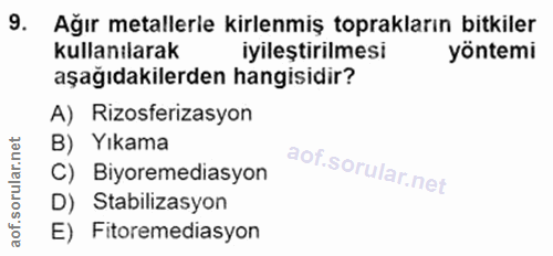 9. soru: Ağır metallerle kirlenmiş toprakların bitkiler kullanılarak iyileştirilmesi yöntemi aşağıdakilerden hangisidir? A) Ri…