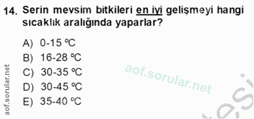 14. soru: Serin mevsim bitkileri en iyi gelişmeyi hangi sıcaklık aralığında yaparlar? A) 0-15 °C B) 16-28 °C C) 30-35 °C D) 30-…