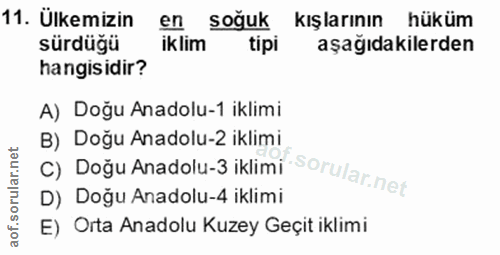 11. soru: Ülkemizin en soğuk kışlarının hüküm sürdüğü iklim tipi aşağıdakilerden hangisidir? A) Doğu Anadolu-1 iklimi C) Doğu A…