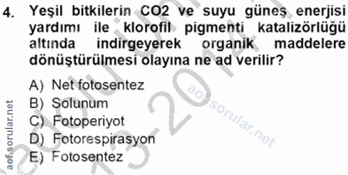 4. soru: Yeşil bitkilerin CO2 ve suyu güneş, enerjisi yardımı ile klorofil pigmenti katalizörlüğü altında indirgeyerek organik…