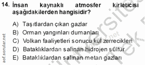 14. soru: Insan kaynaklı atmosfer kirleticisi aşağıdakilerden hangisidir? A) Taşıtlardan çıkan gazlar B) Orman yangınları duman…