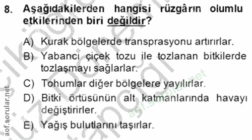 8. soru: Aşağıdakilerden hangisi rüzgârın olumlu etkilerinden biri değildir? A) Kurak bölgelerde transprasyonu artırırlar. B).…