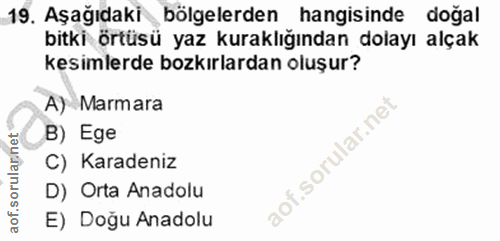19. soru: Aşağıdaki bölgelerden hangisinde doğal bitki örtüsü yaz kuraklığından dolayı alçak kesimlerde bozkırlardan oluşur? A)…