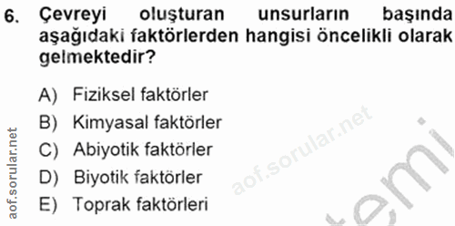 6. soru: Çevreyi oluşturan unsurların başında aşağıdaki faktörlerden hangisi öncelikli olarak gelmektedir? A) Fiziksel faktörl…
