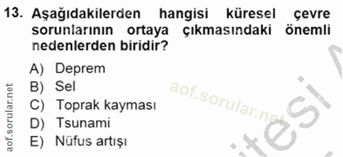 13. soru: Aşağıdakilerden hangisi küresel çevre sorunlarının ortaya çıkmasındaki önemli nedenlerden biridir? A) Deprem B) Sel a…