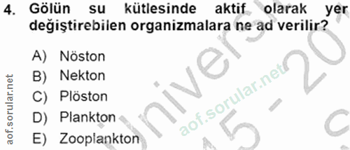 4. soru: Gölün su kütlesinde aktif olarak yer değiştirebilen organizmalara ne ad verilir? A) Nöston B) Nekton C) Plöston D) Pl…