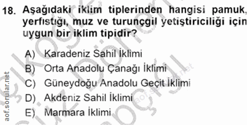 18. soru: Aşağıdaki iklim tiplerinden hangisi pamuk yerfıstığı, muz ve turunçgil yetiştiriciliği için uygun bir iklim tipidir?…