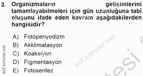 3. soru: Organizmaların gelişimlerini tamamlayabilmeleri için gün uzunluğuna tabî oluşunu ifade eden kavram aşağıdakilerden ha…