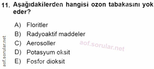 11. soru: Aşağıdakilerden hangisi ozon tabakasını yok eder? A) Flortler B) Radyoaktif maddeler C) Aerosoller D) Potasyum oksit…